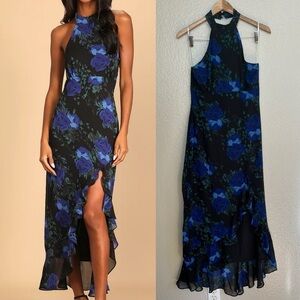 Elegant Entrance Black Floral Print Halter Maxi Dress